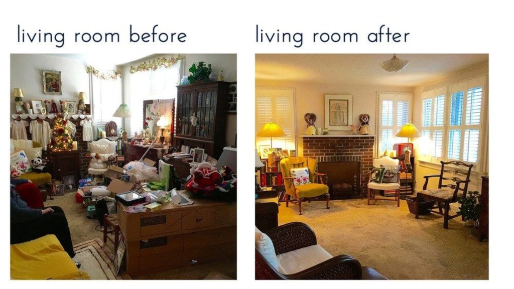 Living room before and after decluttering transformation