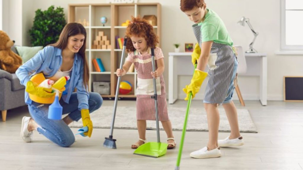 Family cleaning together at home