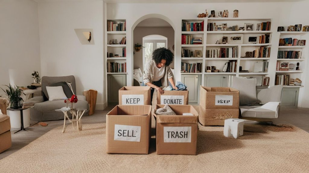 Decluttering with 4-box rule – keep, donate, trash, and sell for quick decision