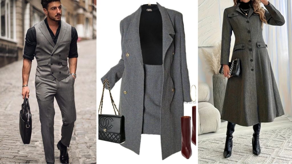 Grey outfits showing balance and emotional neutrality in clothing psychology