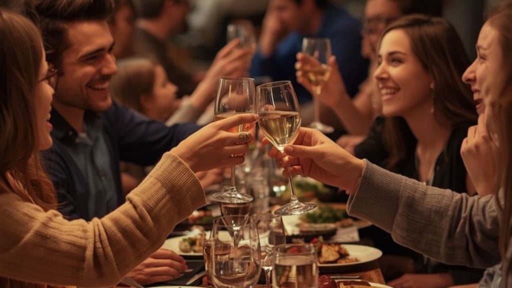 Group of friends enjoying buffet together at a restaurant.