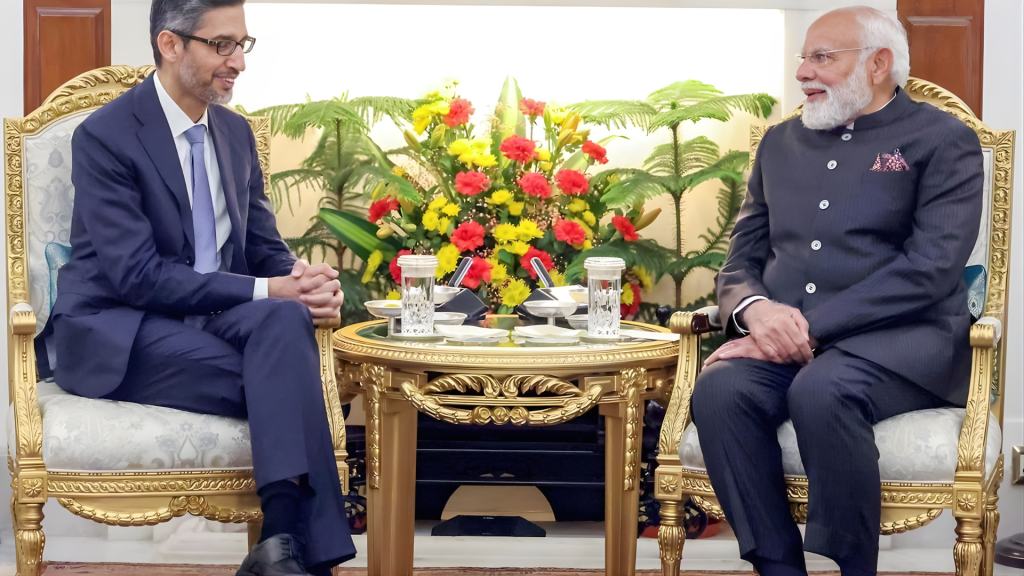 PM Modi meets Sundar Pichai at AI summit.