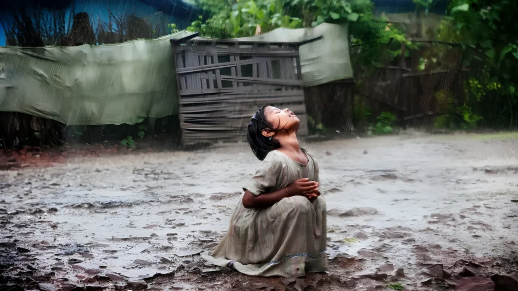 Child enjoying first rain in rural India
