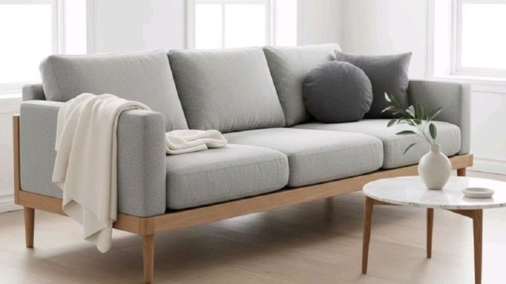 low-profile sofa design with exposed wooden legs