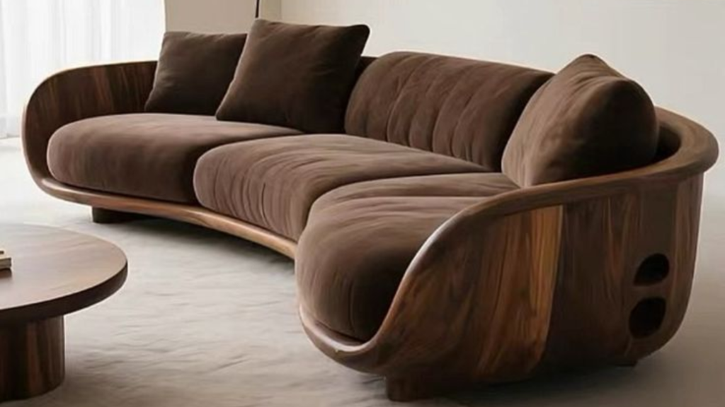 sculptural sofa design with rounded wooden arms