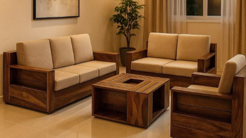 warm wood sofa with earthy-toned upholstery