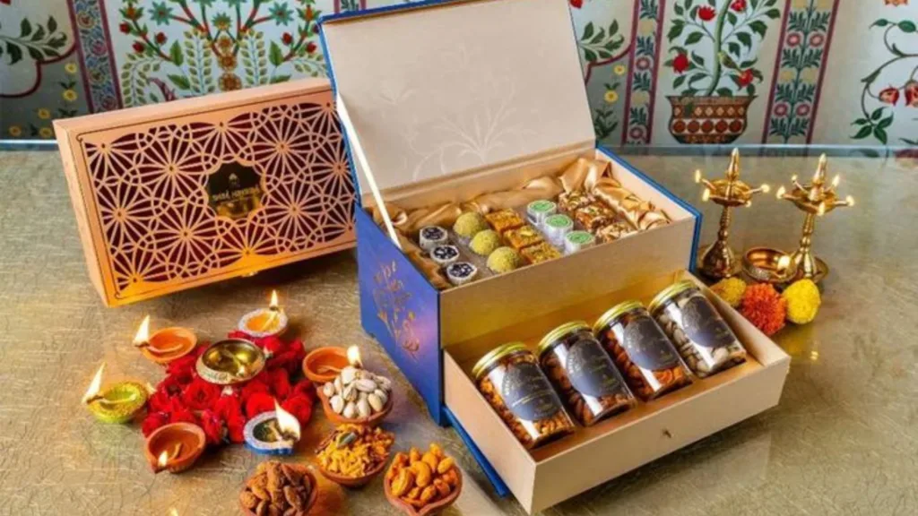 Colourful Diwali gift boxes and sweets shared among friends and family